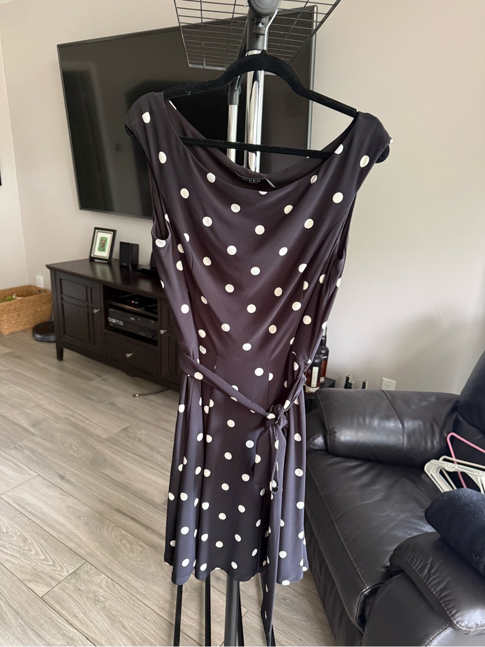 Ralph Lauren Black Polka Dot Sleeveless Tie-Waist Midi Dress